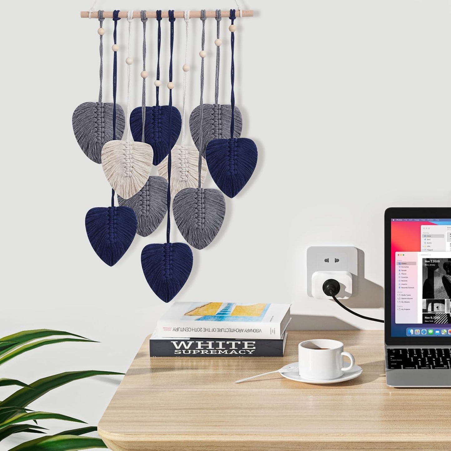 Macrame Wall Hanging Decor Leaves Tapestry / Blue