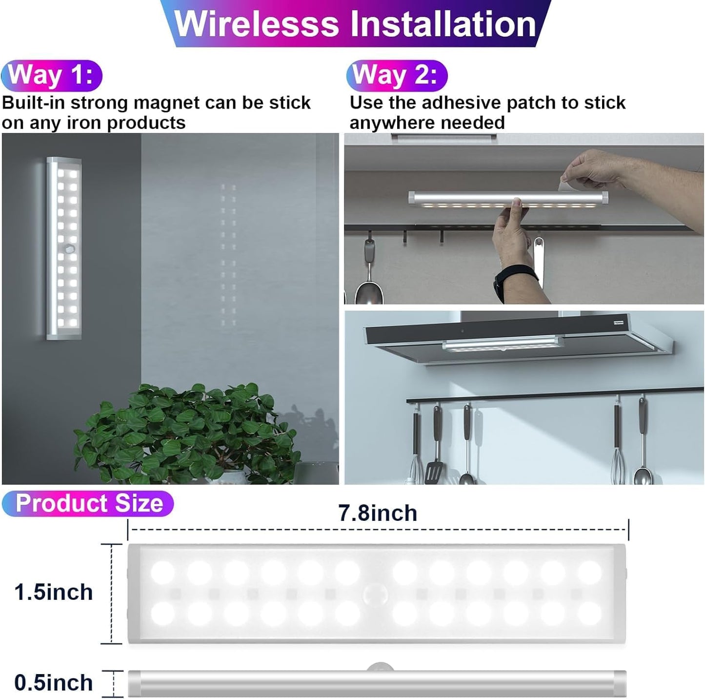 Under Cabinet Lights Wireless, 58-LED Rechargeable Motion Sensor Closet Lights with Remote Control, RGB Color Changing