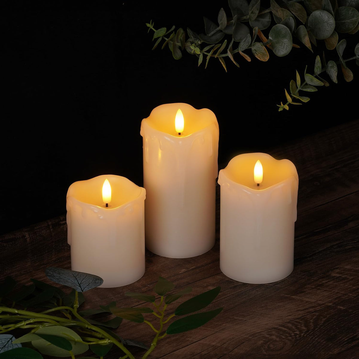 Homemory Dripping Wax Flameless LED Pillar Candles, Battery Operated with Remote Control and Timer, Set of 3, 5" H x 4"