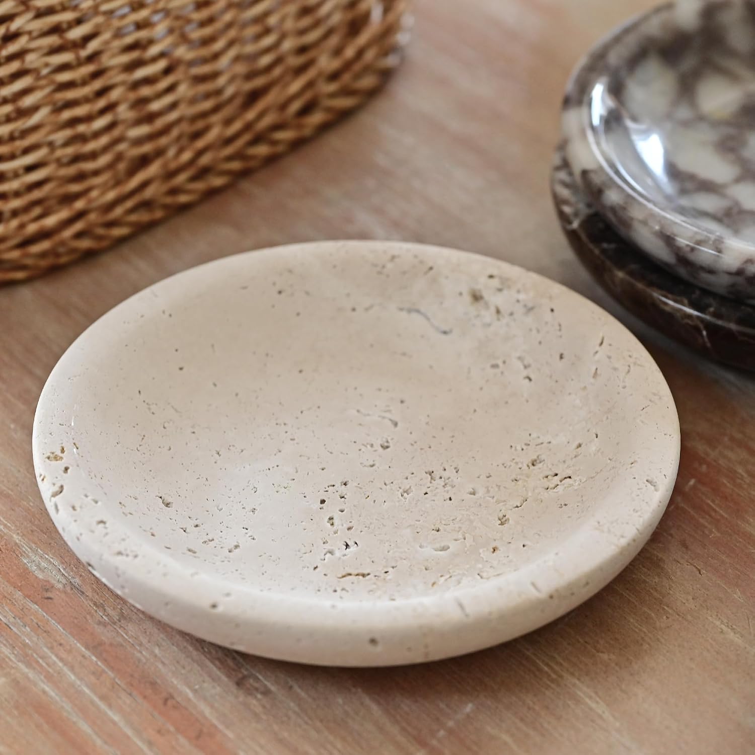 Natural Ring Dish Jewelry Tray / Beige Travertine