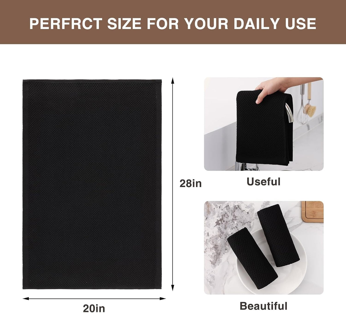 Homaxy 100% Cotton Oversized Waffle Weave Kitchen Towels 12-Pack, Black | 20 x 28 Inches, Ultra Soft Absorbent Dish