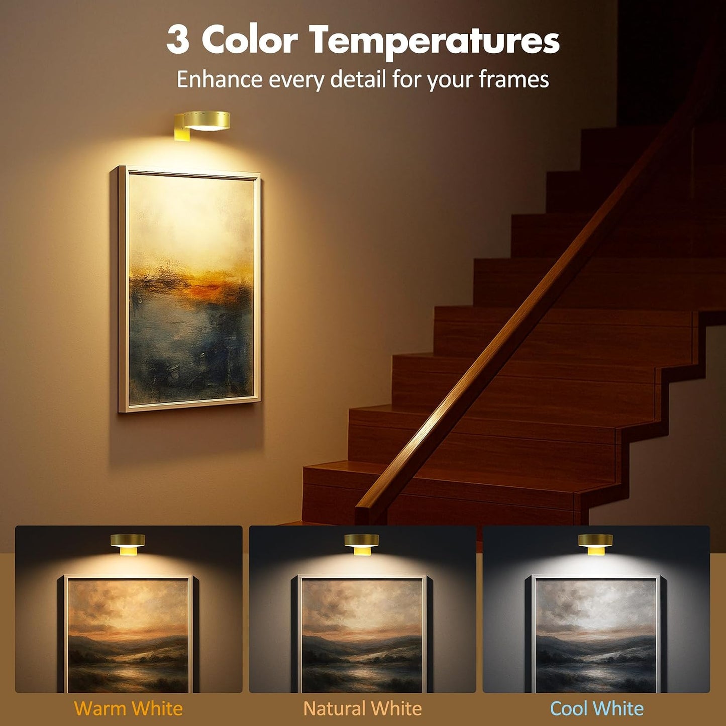 Picture Lights for Wall, Wireless Poster Lights Battery Operated, Gold | LED Magnetic Painting Light with Remote