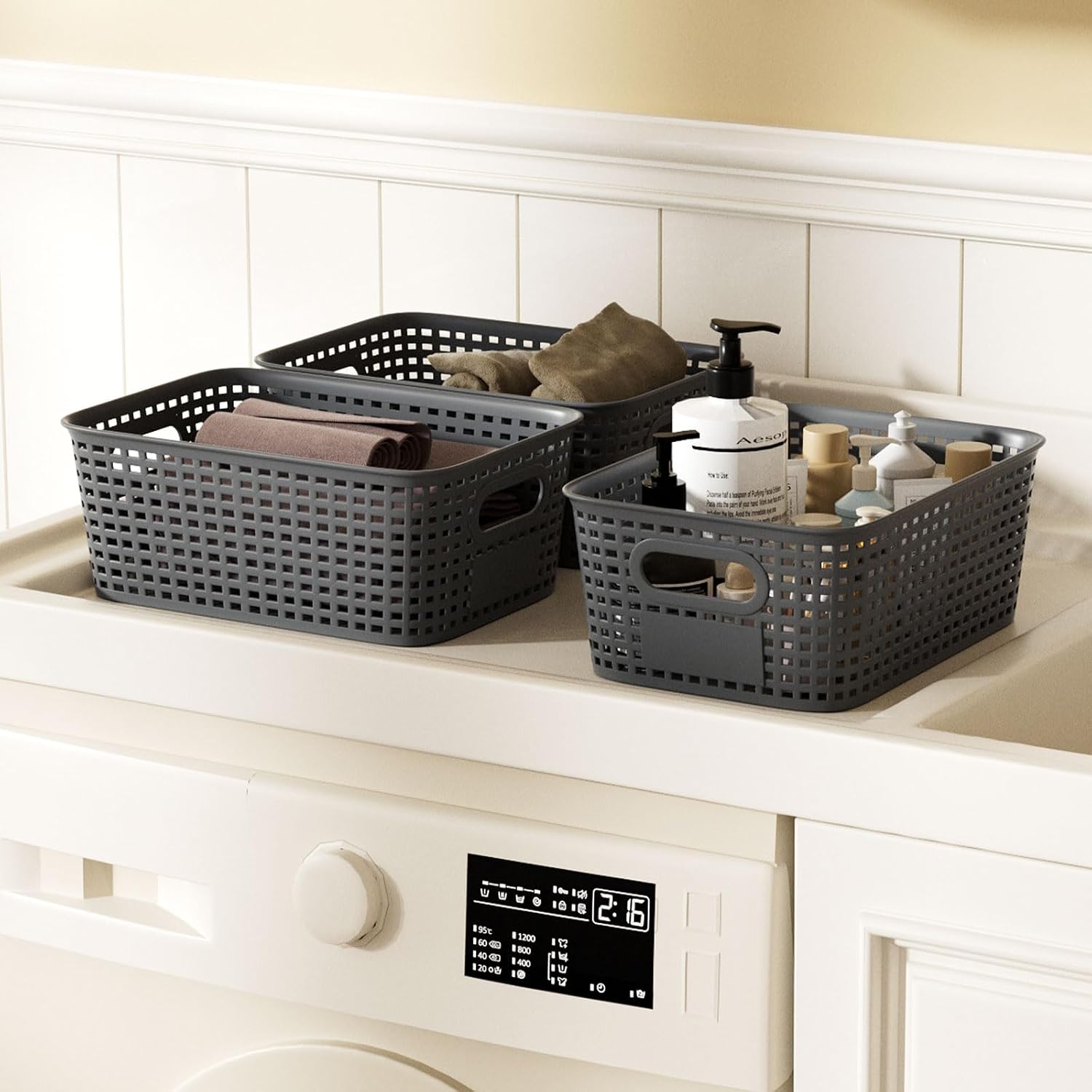 Storage Bins / Stackable Plastic Storage Basket / Gray / Set of 6