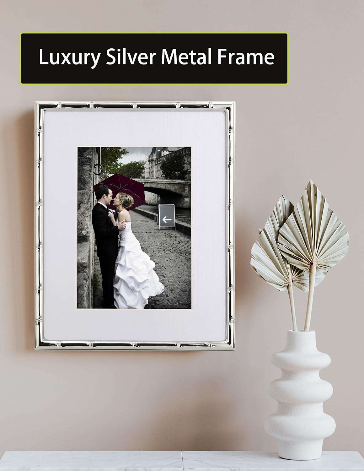 YiPinYin 8x10'' Bamboo Detail Designs Silver Metal Picture Frame with Mat for 5x7'' Set of 2,Narrow Silver Plated Photo