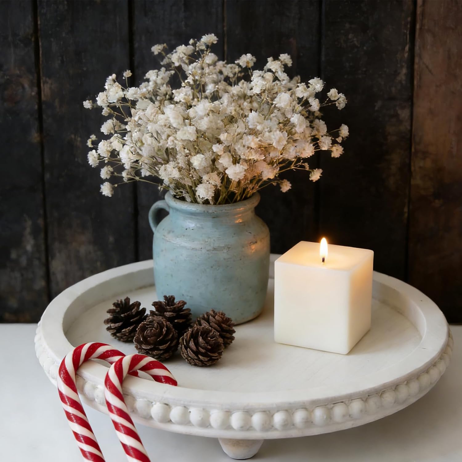 Round Wooden Tray for Decor / White