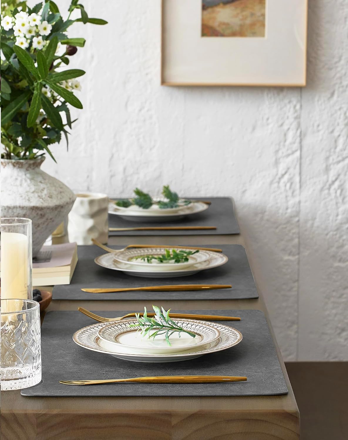 Reversible Faux Leather Placemats and Coasters / Mist Gray / 12 x 17 / Set of 16