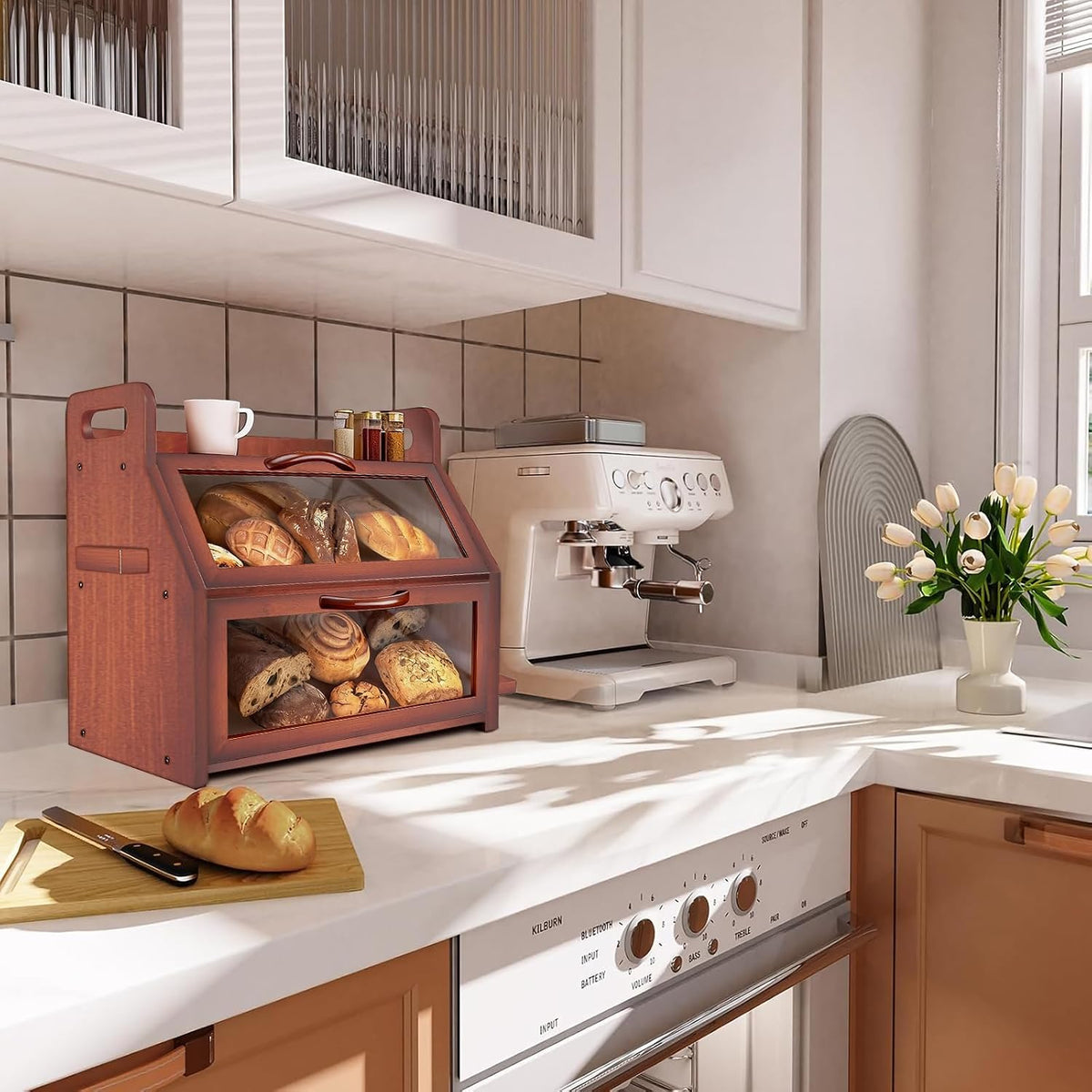 BAMBANG Bread Box for Kitchen Countertop, Extra Large Double Layer Bamboo Breadbox with Clear Window, Farmhouse Wooden