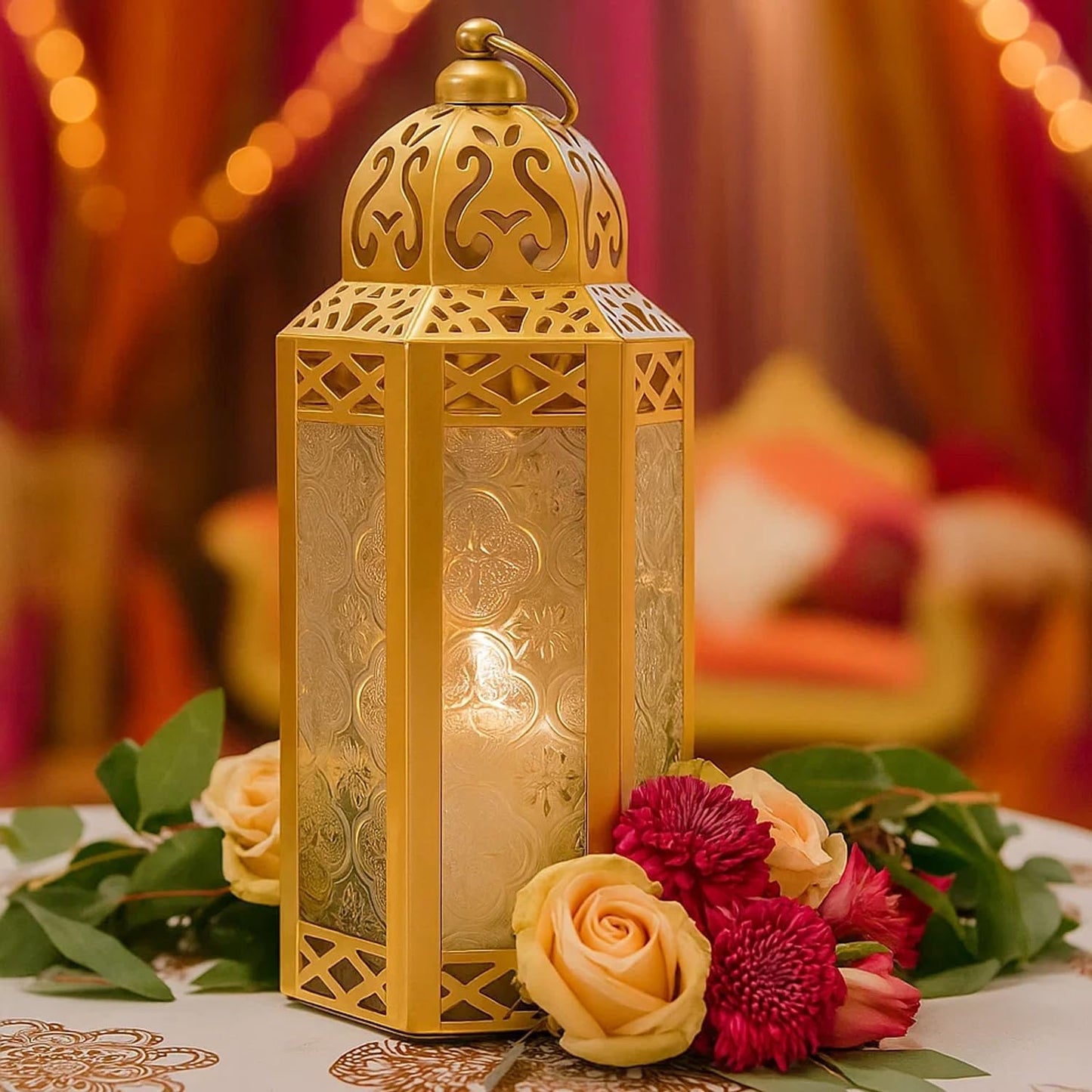 Vela Lanterns Decorative Indoor Moroccan Candle Holders, Gold, M, 2-Pack | Ramadan Decorations for Home, Eid Candle