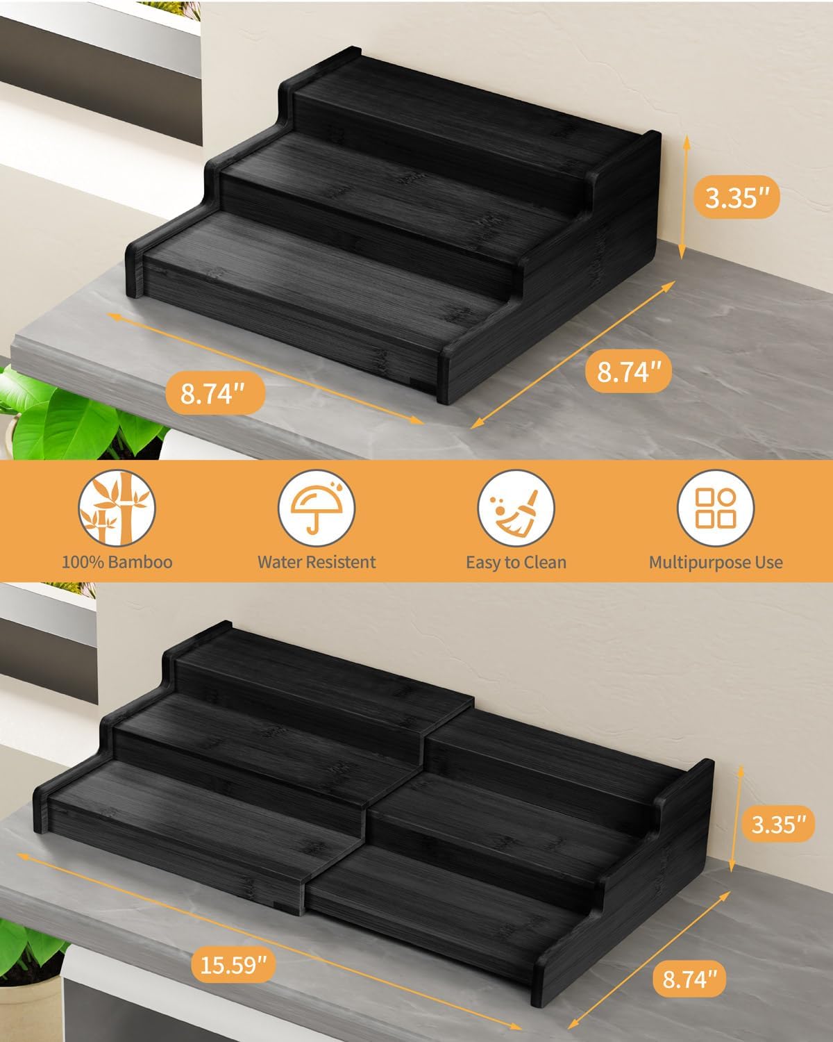 Spice Rack 3-Tier Natural Bamboo, Adjustable Cabinet Organizer Shelf | Expands 8.7-15.6"cabinets. Stepped design