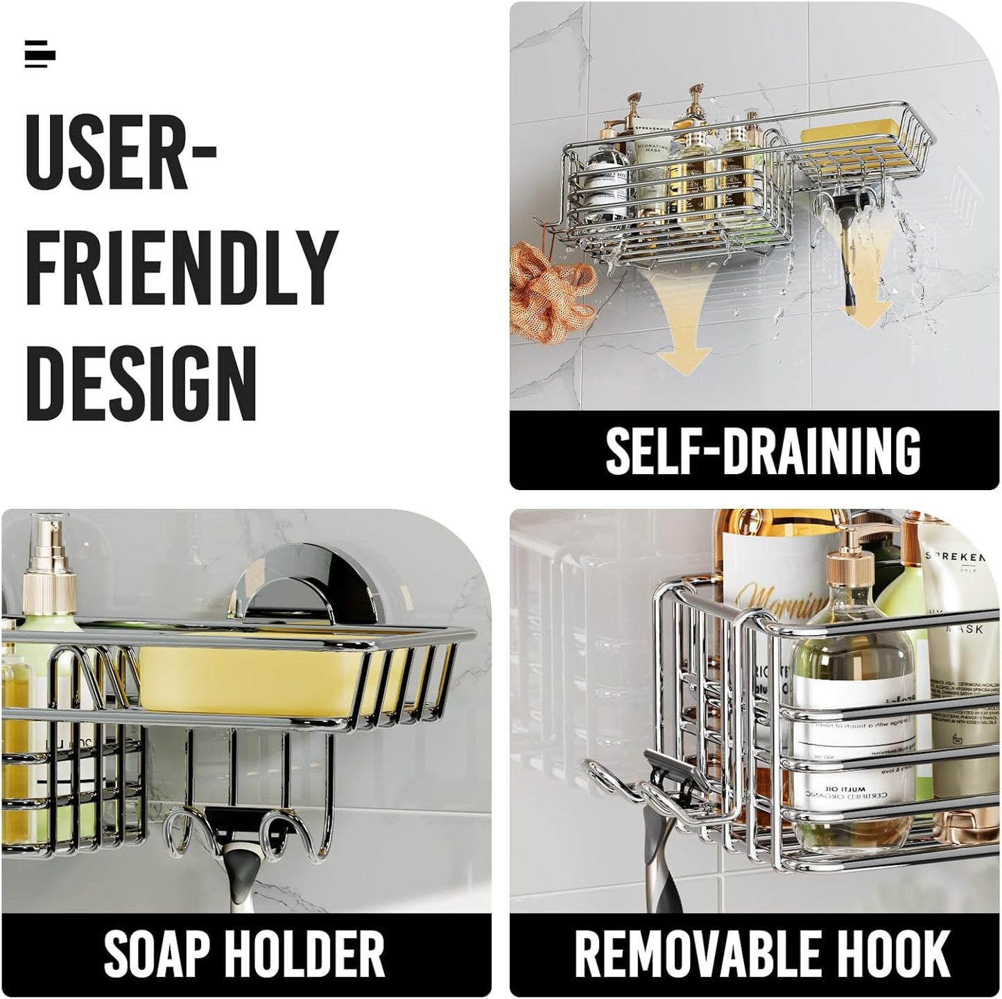 Shower Caddy Suction Cup Shower Shelves Shower Holder / 1 x Silver