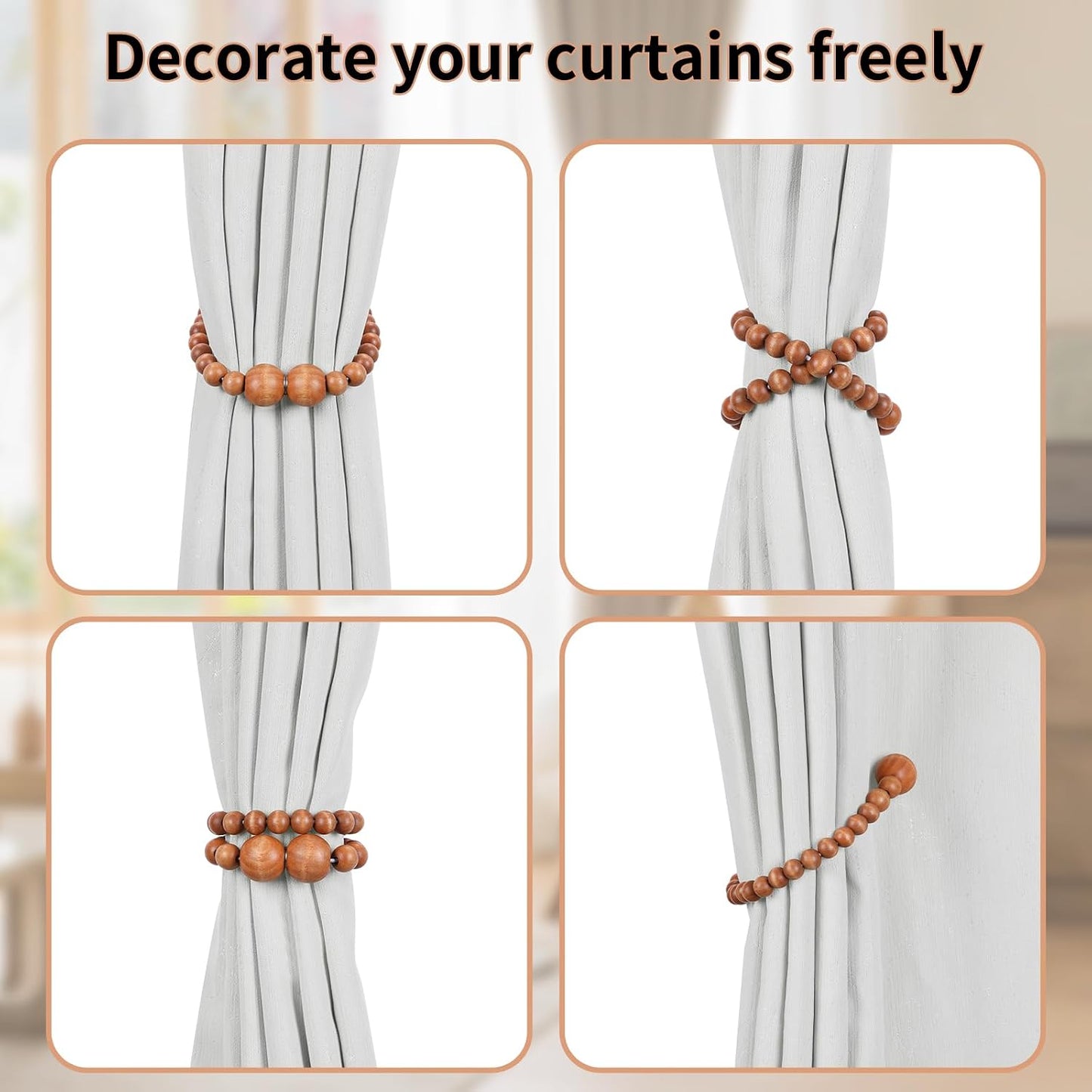 KLOGTSIND Magnetic Curtain Tiebacks, 6 Pack Wood Bead Curtain Holdbacks | Curtain Holders for Bedroom Decor, Boho Room