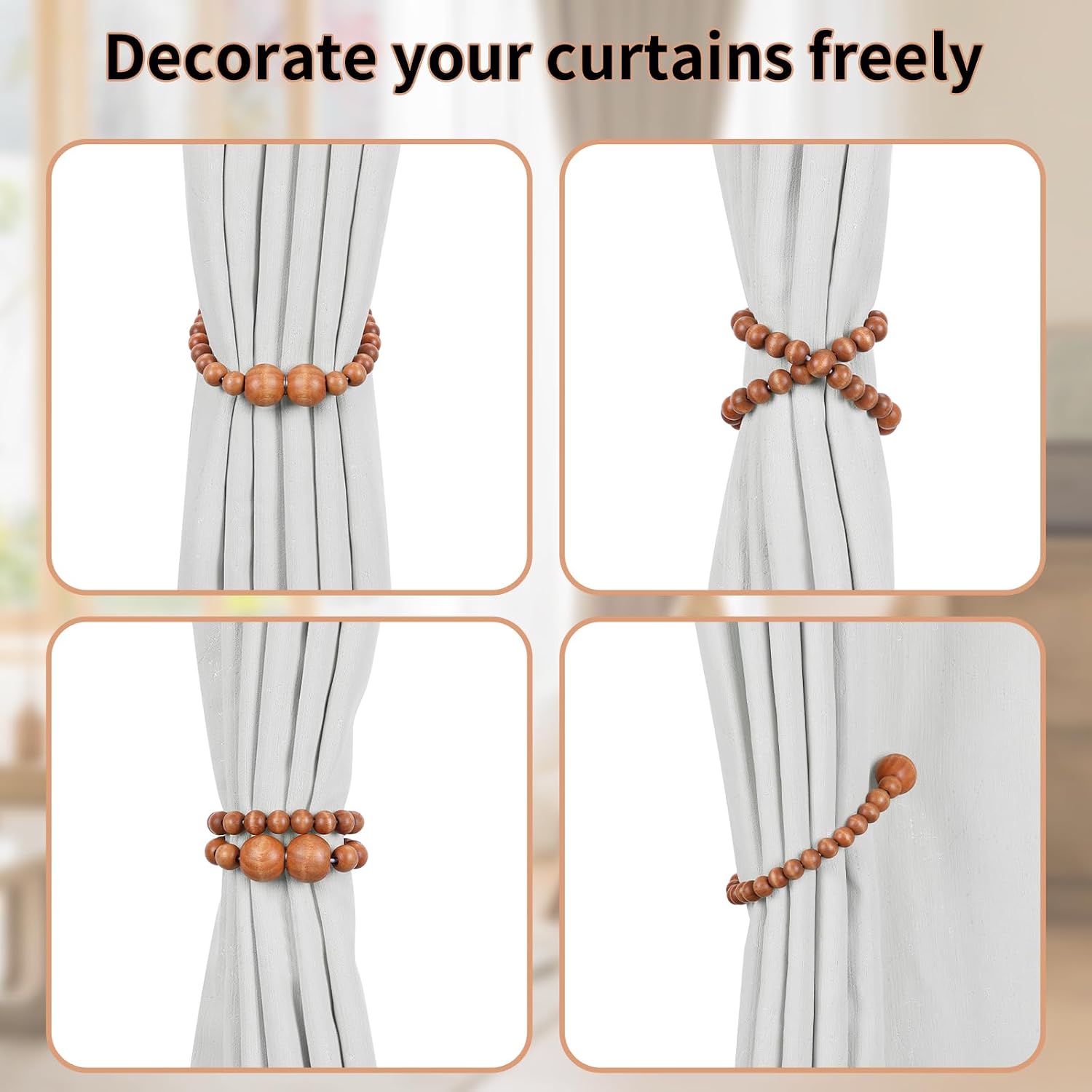 KLOGTSIND Magnetic Curtain Tiebacks, 6 Pack Wood Bead Curtain Holdbacks | Curtain Holders for Bedroom Decor, Boho Room