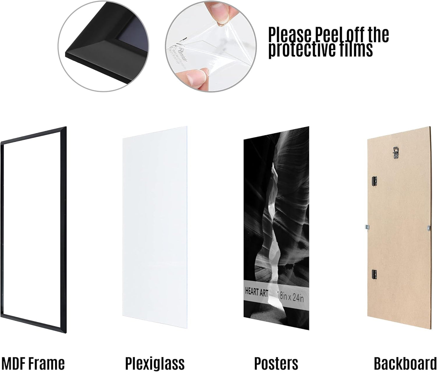 HEART ART 18x24 Poster Frames Without Mat Set of 4, Black | wall picture display 18 x 24 Poster Frames