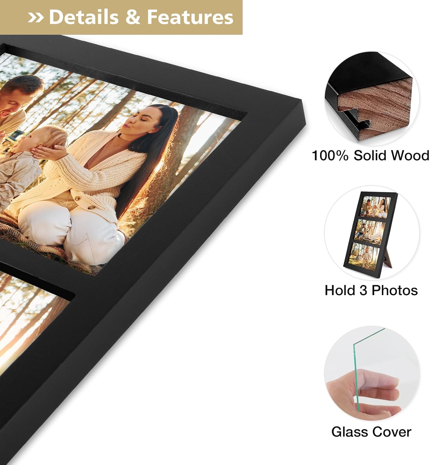 Picture Frame / Real Glass for Tabletop Or Wall Mounting / 4 x 6 / 3 Openings / Black