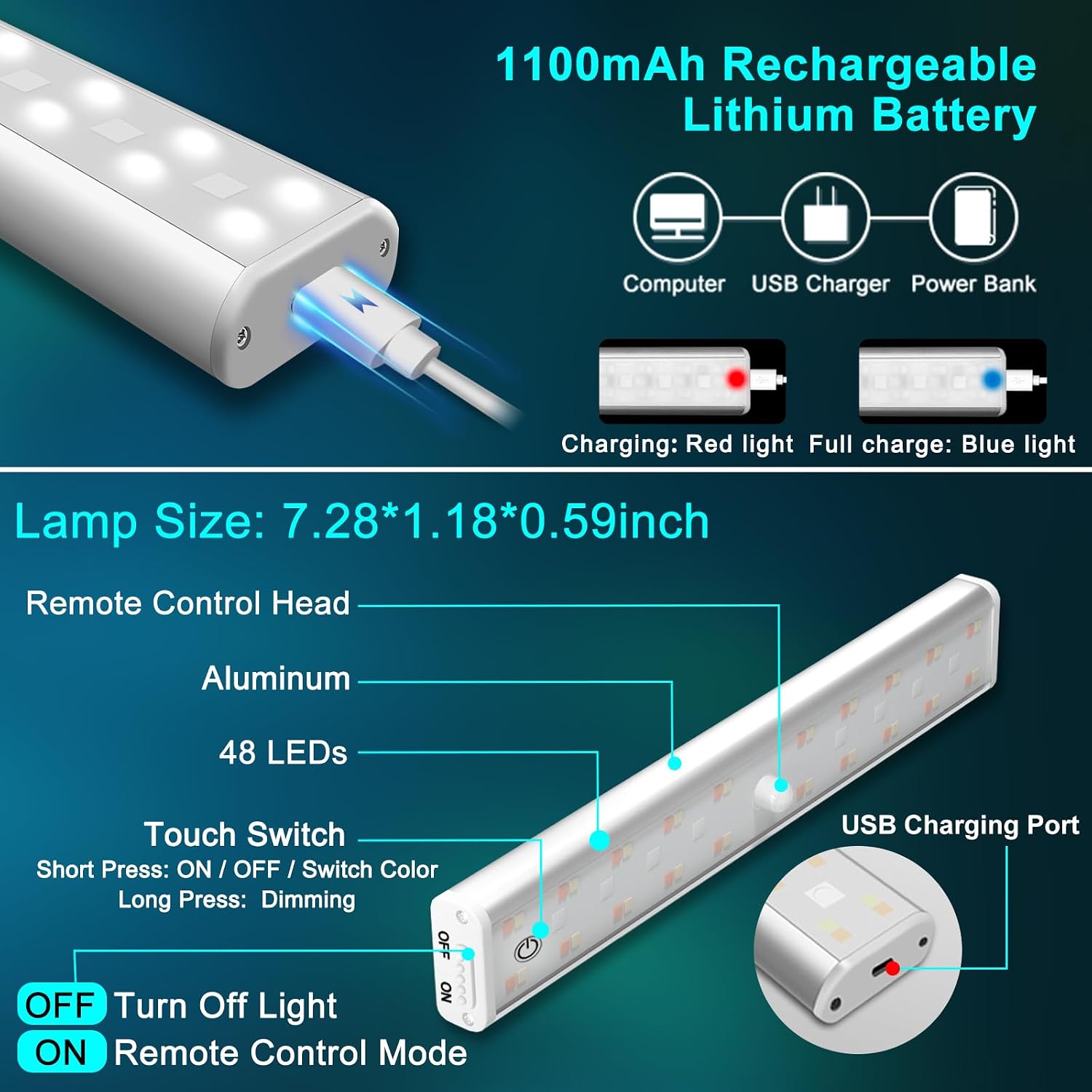 Under Cabinet Lighting Wireless Rechargeable Battery Operated LED Closet Lights Dimmable Under Counter Lights Bar with