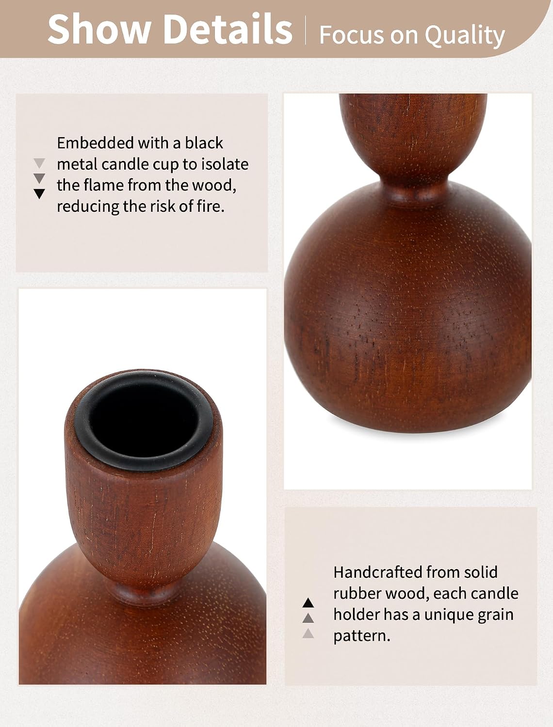 NUPTIO Wooden Taper Candle Holders, Set of 3 Brown Candlesticks | Natural Wood, MCM Design, Dining Table Centerpiece