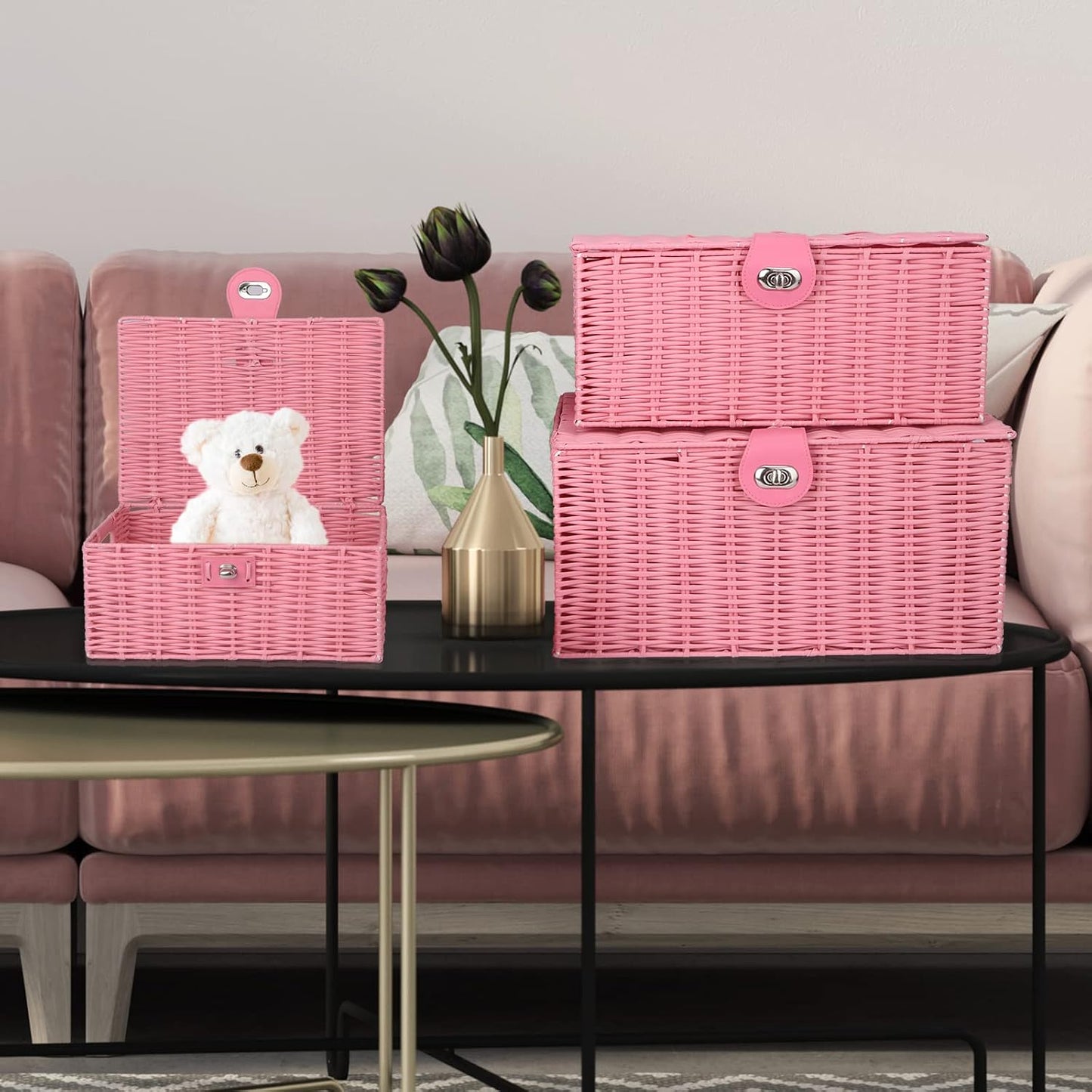 Woven Basket / Wicker Storage Baskets / Pink / Set of 3