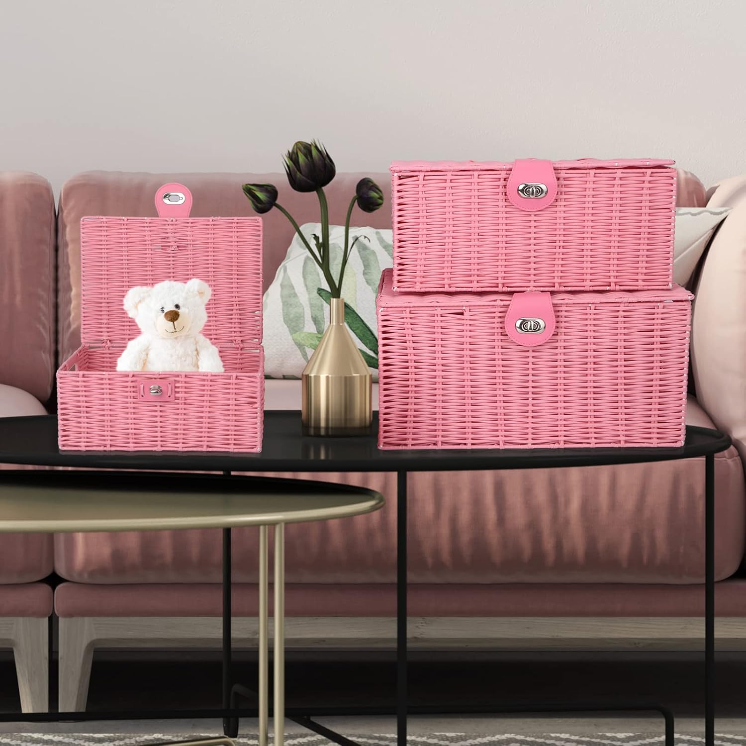 Woven Basket / Wicker Storage Baskets / Pink / Set of 3