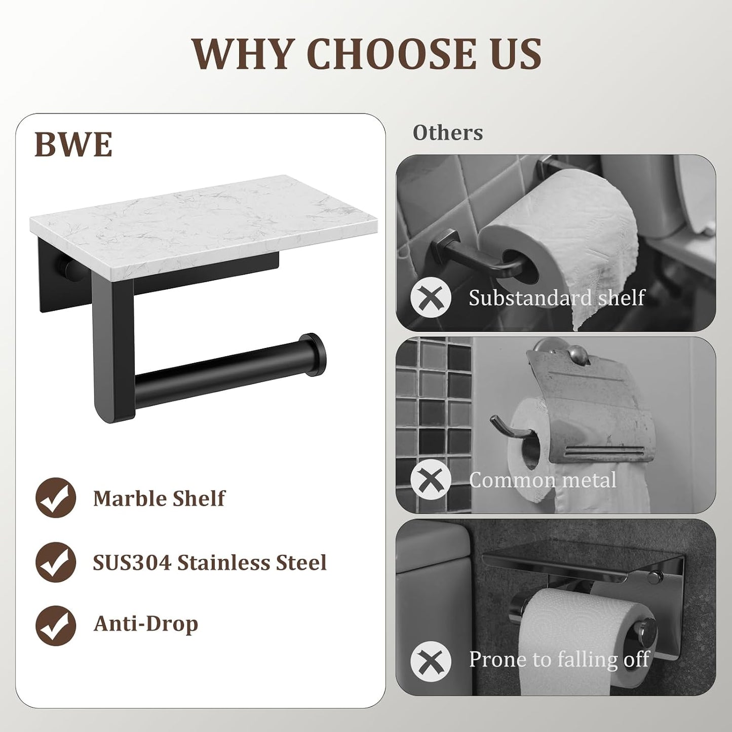 BWE Matte Black Toilet Paper Holder with Marble Shelf Wall Mounted | Toilet Paper Roll Holder with Phone Shelf 304