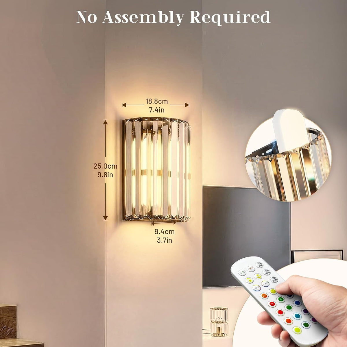 Black Battery Operated Wall Sconces Set of Two, Crystal Wireless Wall Light with Remote, Rechargeable Cordless Wall