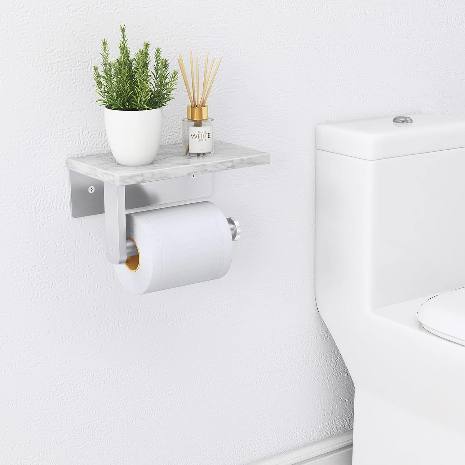 Gypie Toilet Paper Holder with Marble Shelf, Wall Mounted Brushed Nickel | Stainless Steel Tissue Roll Paper Holder