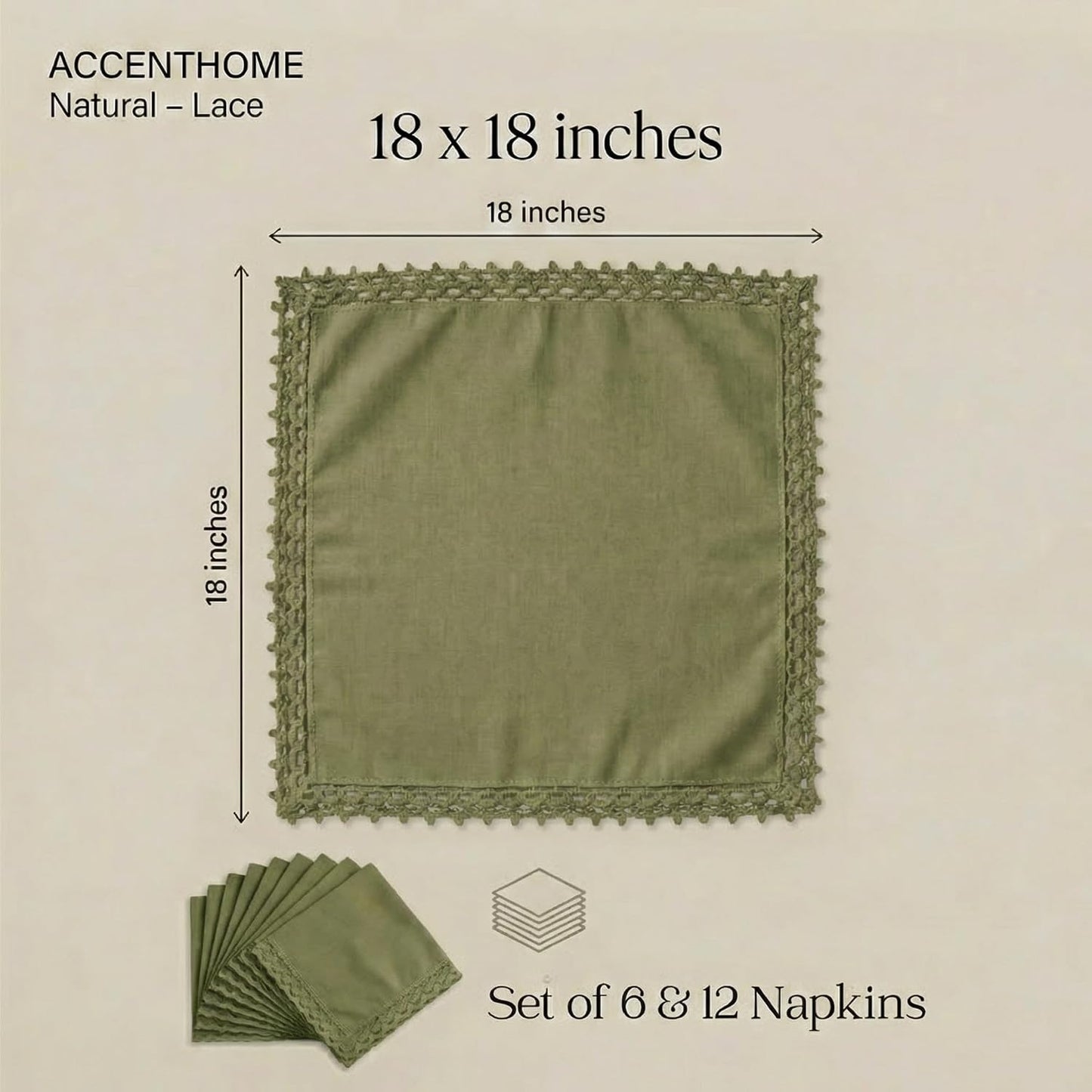 ACCENTHOME Olive Green Set of 12 18x18 inch Cotton Linen Dinner Napkins | Cotton Linen Blend Napkins, Machine Wash On