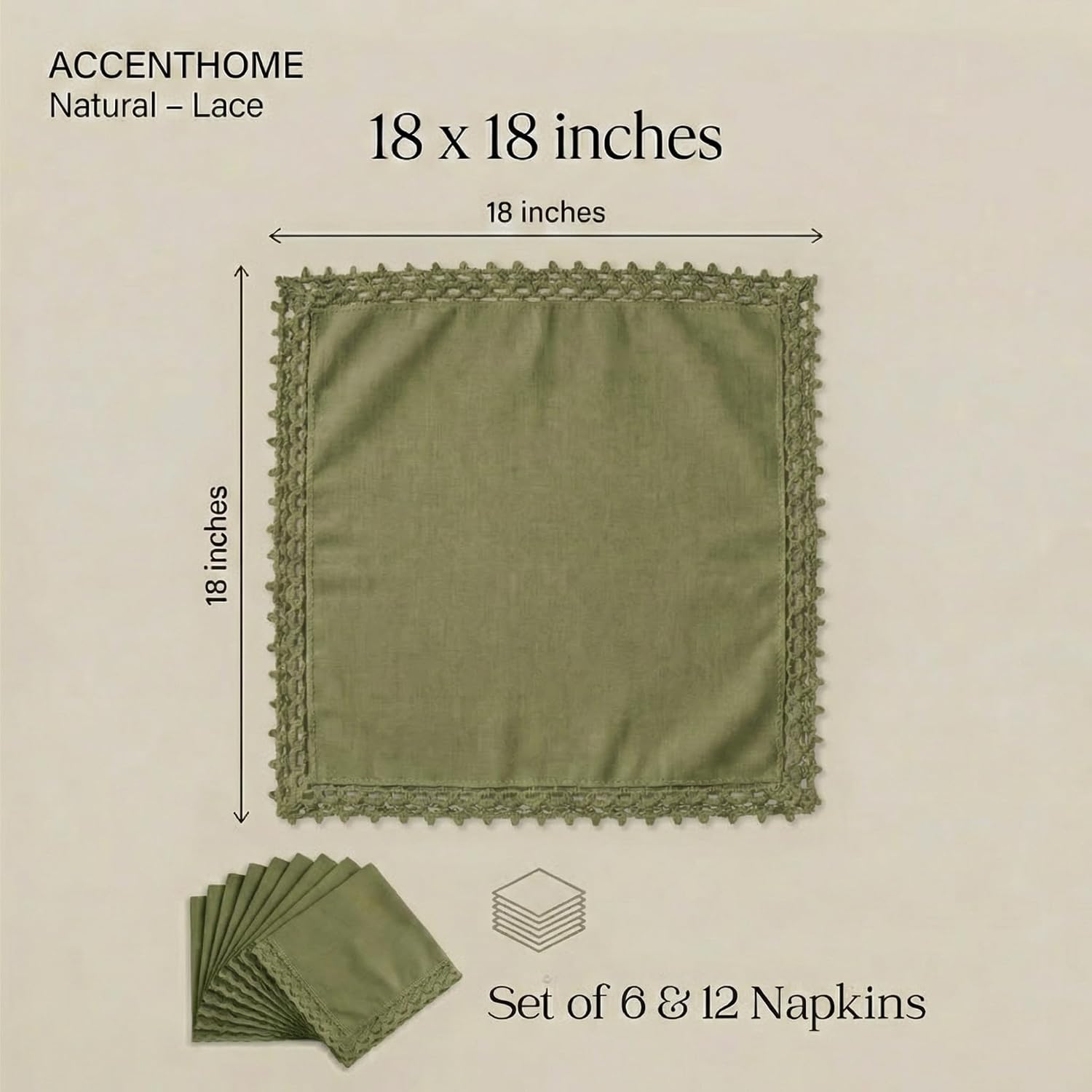 ACCENTHOME Olive Green Set of 12 18x18 inch Cotton Linen Dinner Napkins | Cotton Linen Blend Napkins, Machine Wash On