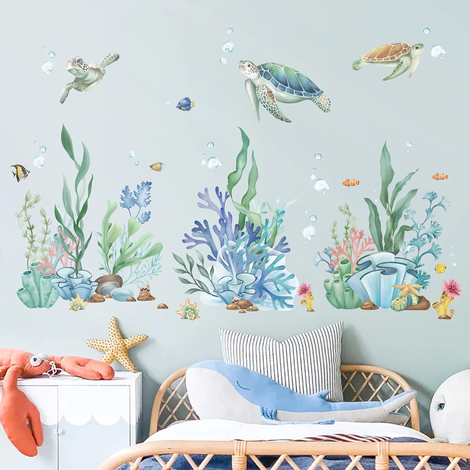 Ocean Seaweed Grass Wall Stickers Turtle Under The Sea Peel and Stick Wall Art Decals for Baby