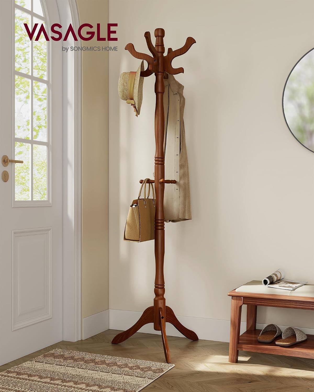 VASAGLE Freestanding Coat Rack, Rubber Wood Coat Tree with 11 Hooks | Hat Stand Garment Rack, 20.5 x 17.8 x 70.9 inch