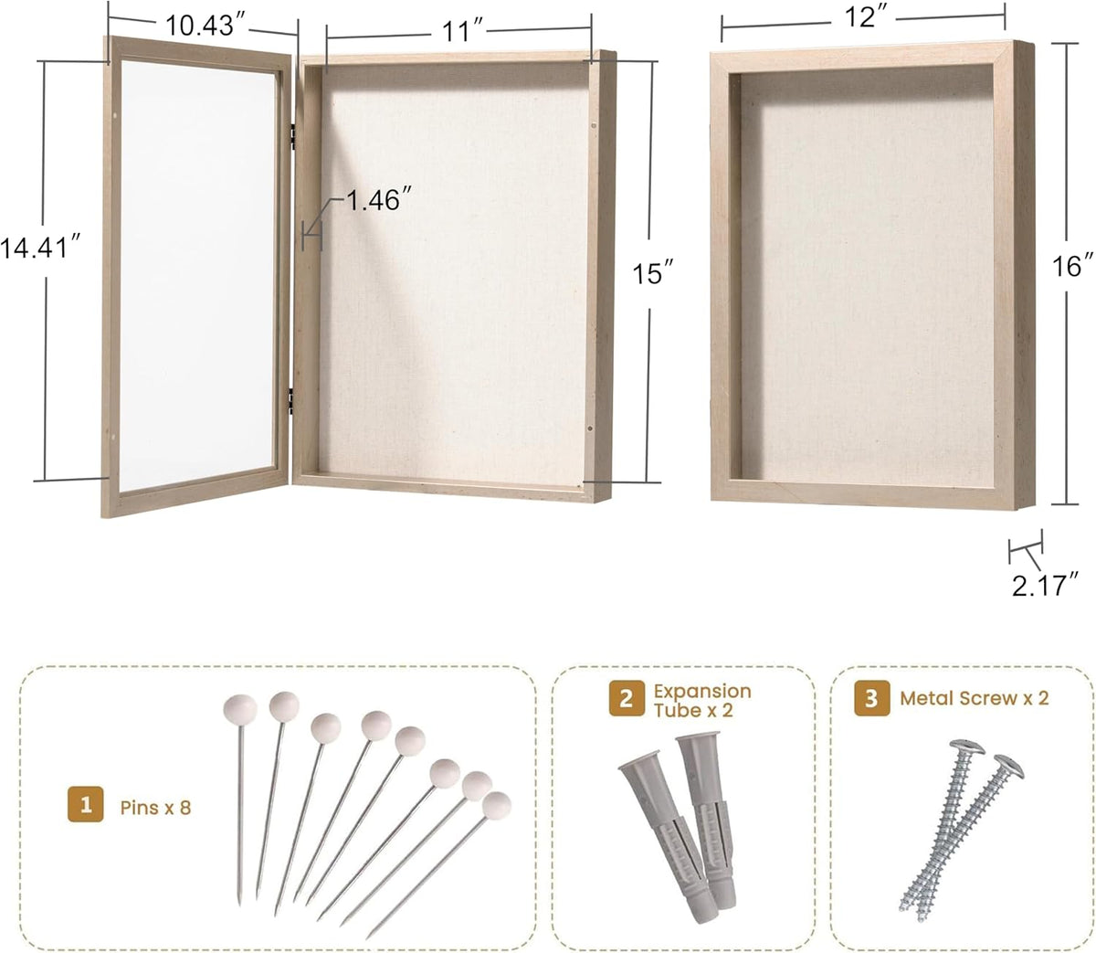 12x16 Shadow Box Frame with Linen Back, Wood Glass Display Case for Medals, Photos, Memorabilia, Awards - Pins