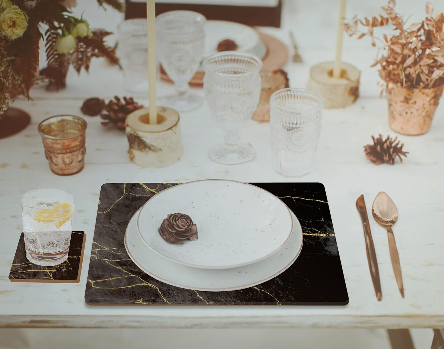 Heat Resistant Cork Placemats for Dining Table / Black & Gold Marble / Set of 4