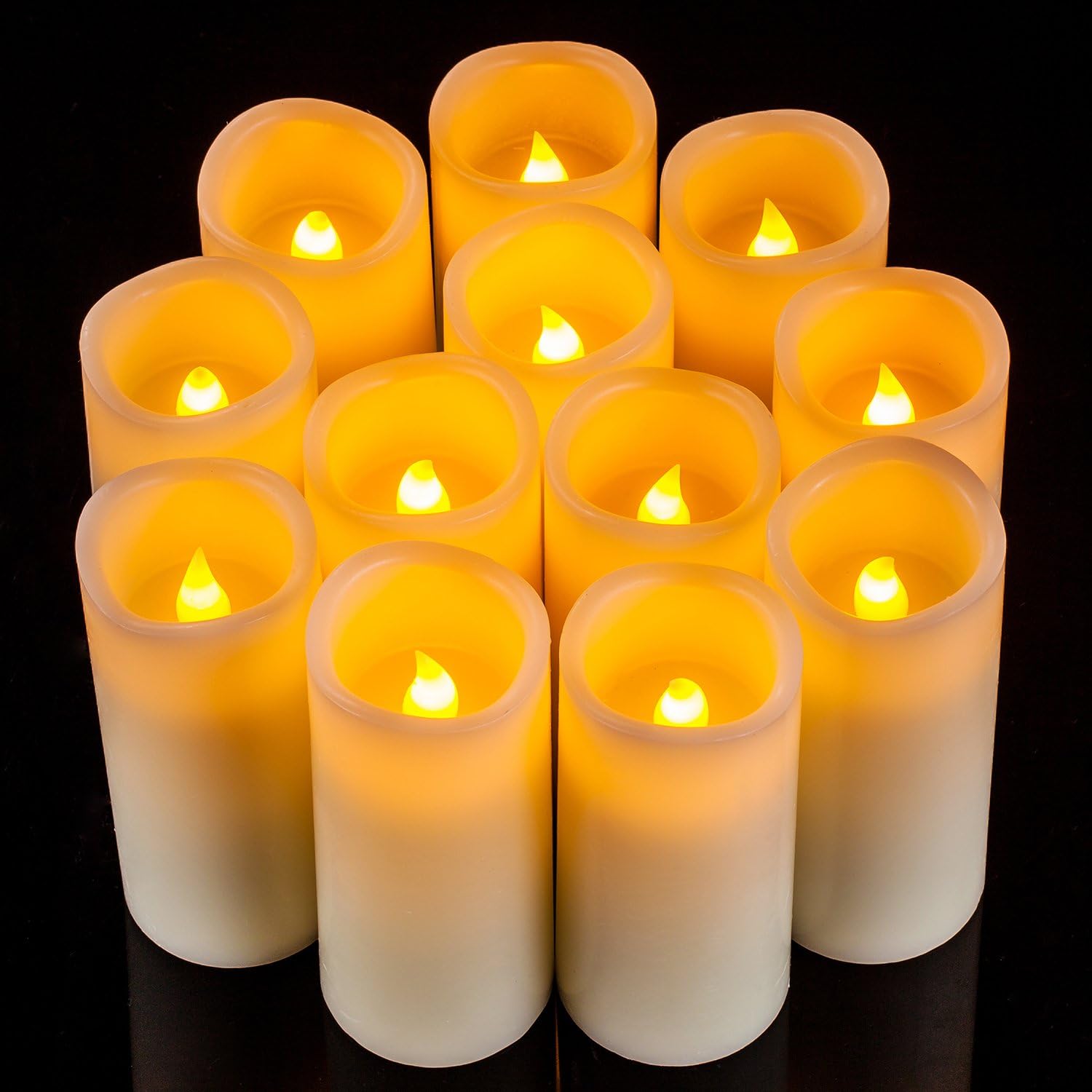 Flameless Candles Flickering LED Candles Set of 12 (D:2.2" X H:5") Ivory Real Wax Pillar Battery Opeated Candles with