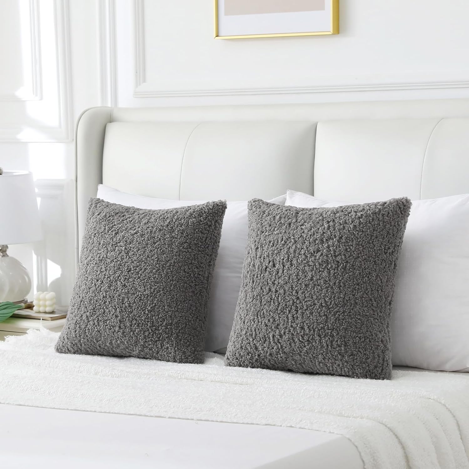 Furry Faux Fur Teddy Boucle Textured Cushion Covers / Dark Grey / 18 x 18 / Set of 2