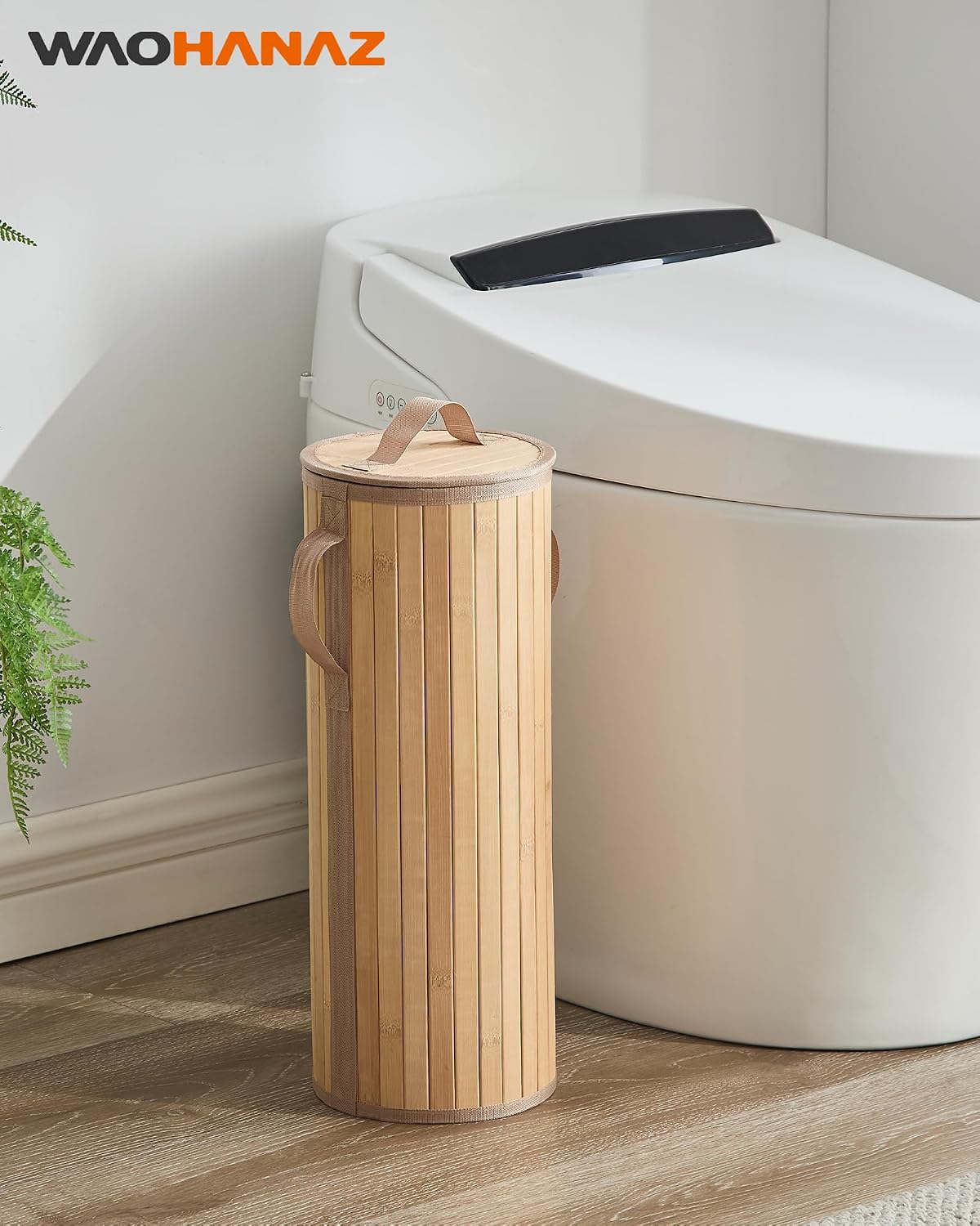 Bamboo Toilet Paper Storage Basket with Lid & Handle - 10L Handwoven Bathroom Organizer for 4 Rolls - Sturdy Stand