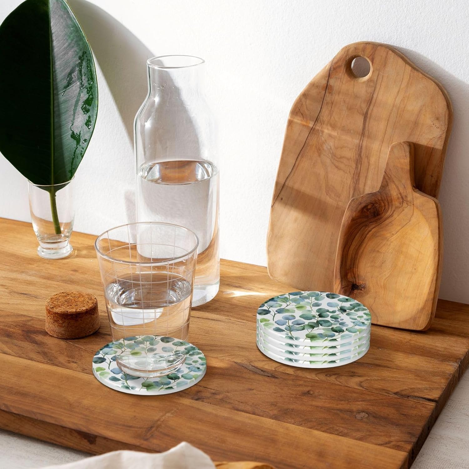 Coasters for Drinks Absorbent Round Ceramic Coasters / Green Eucalyptus Leaves / 4.1 Inch / Set of 4