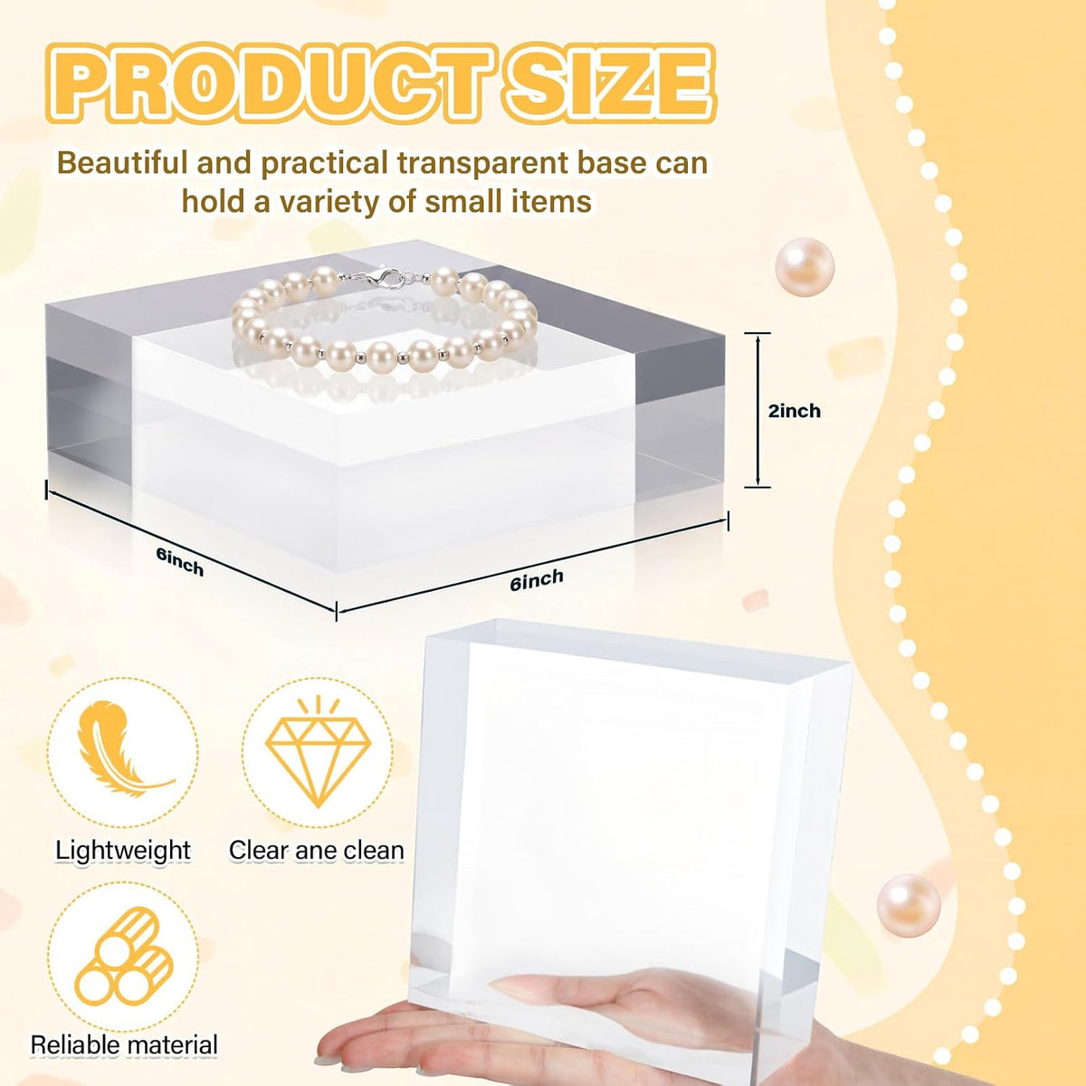 Qunclay 4 Pcs 6 x 6 x 2 Inches Acrylic Square Display Block Clear Polished Acrylic Cubes Jewelry Display Stand for