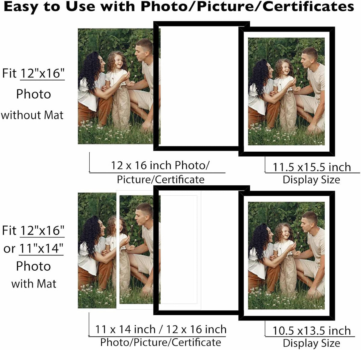JCJMY 12 Pack 12x16 Picture Frame with 11x14 Mat, Display 11x14 with Mat or 12x16 Without Mat, 12 by 16 Frames Bulk Set