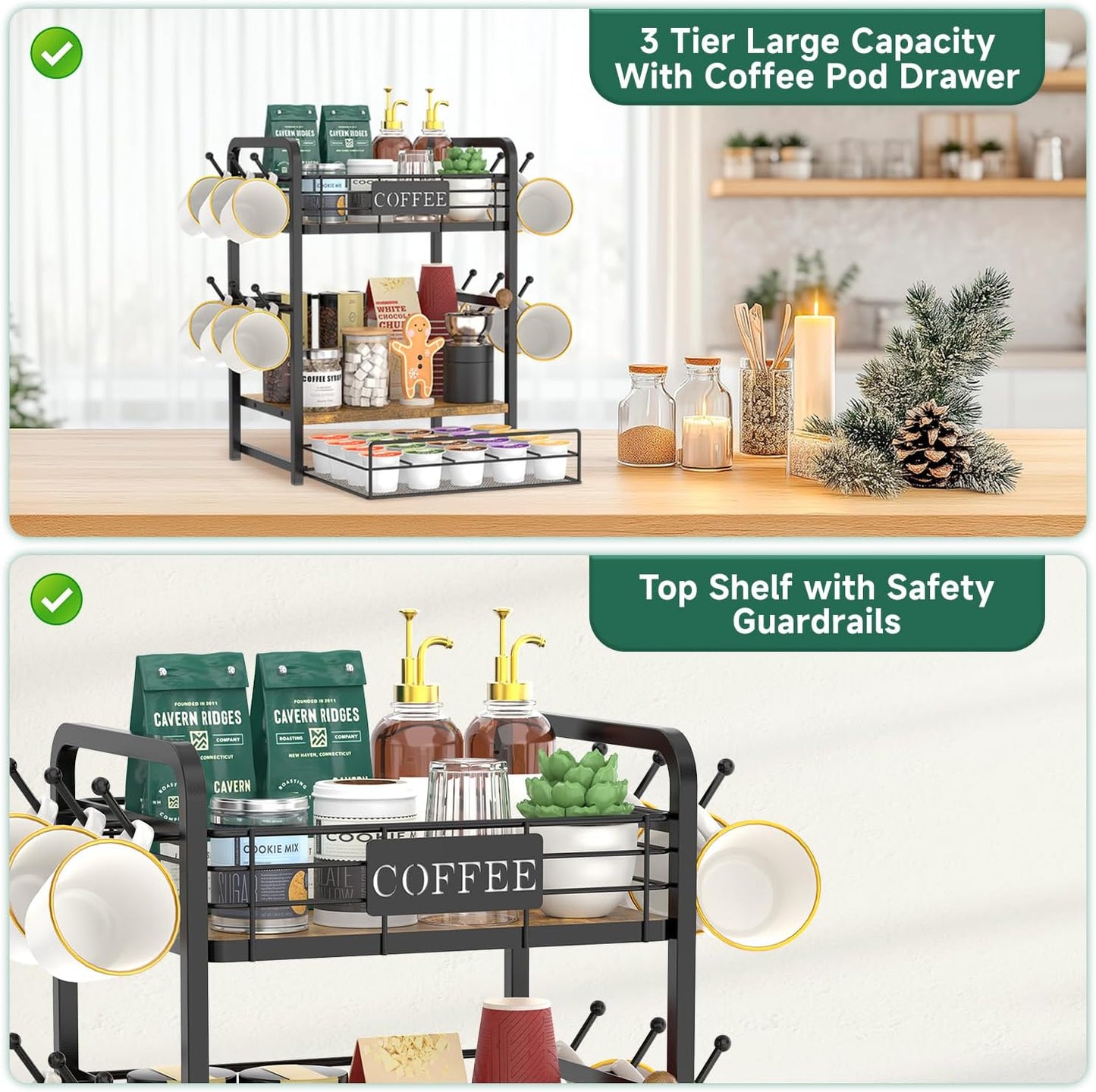 EsLuker.ly Coffee Bar Organizer Station Shelf Mug Holder, with 12 Hooks | 3 Tier Coffee Cup Stand Rack for Countertop