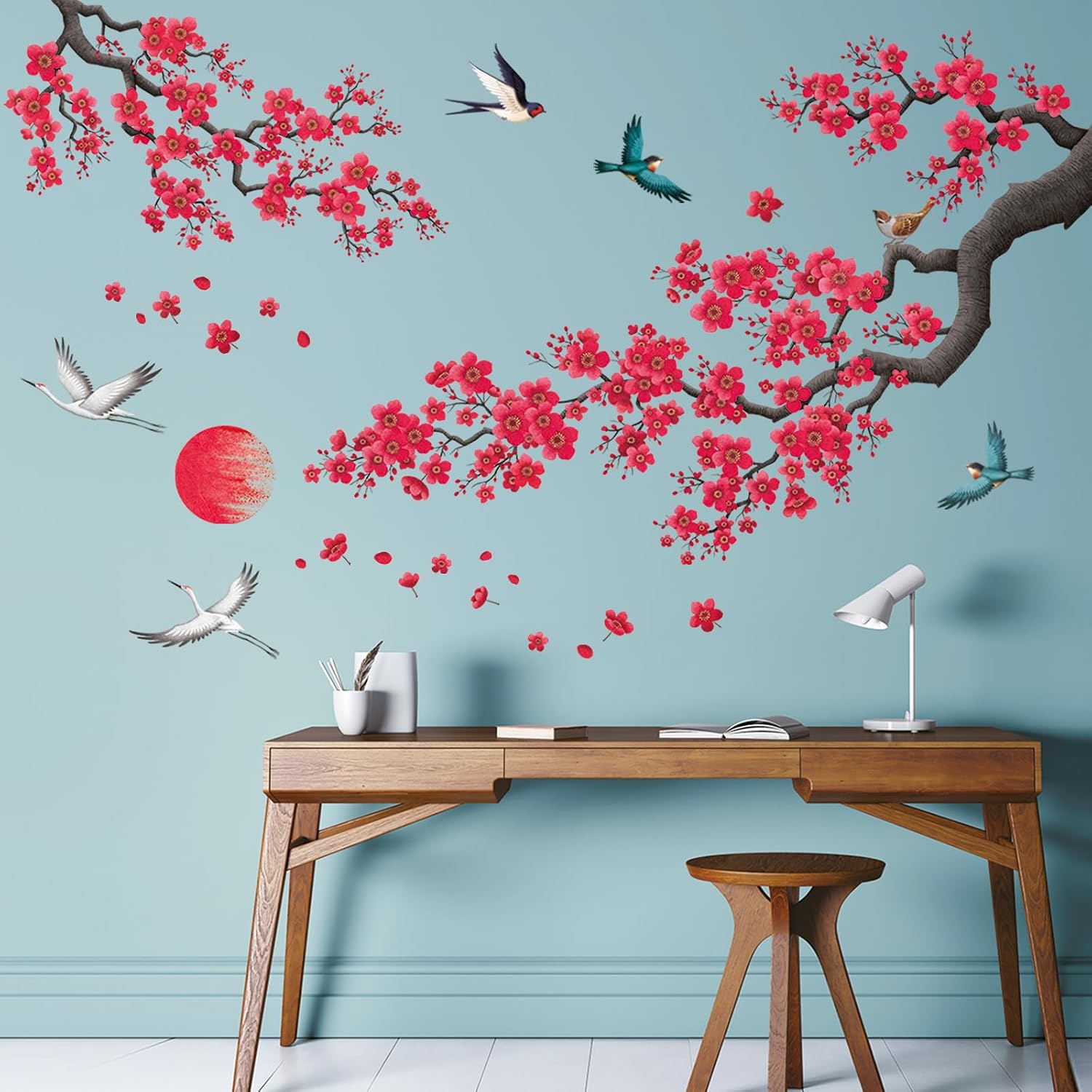 Cherry Blossom Branch Wall Decals / Red Watercolor Floral