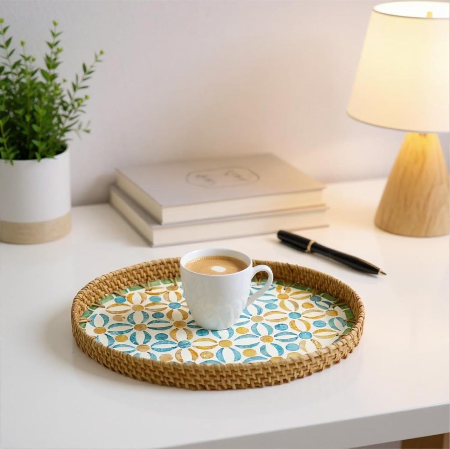 3 Sizes Wicker Woven Coffee Table Tray / Blue Orange Poppy