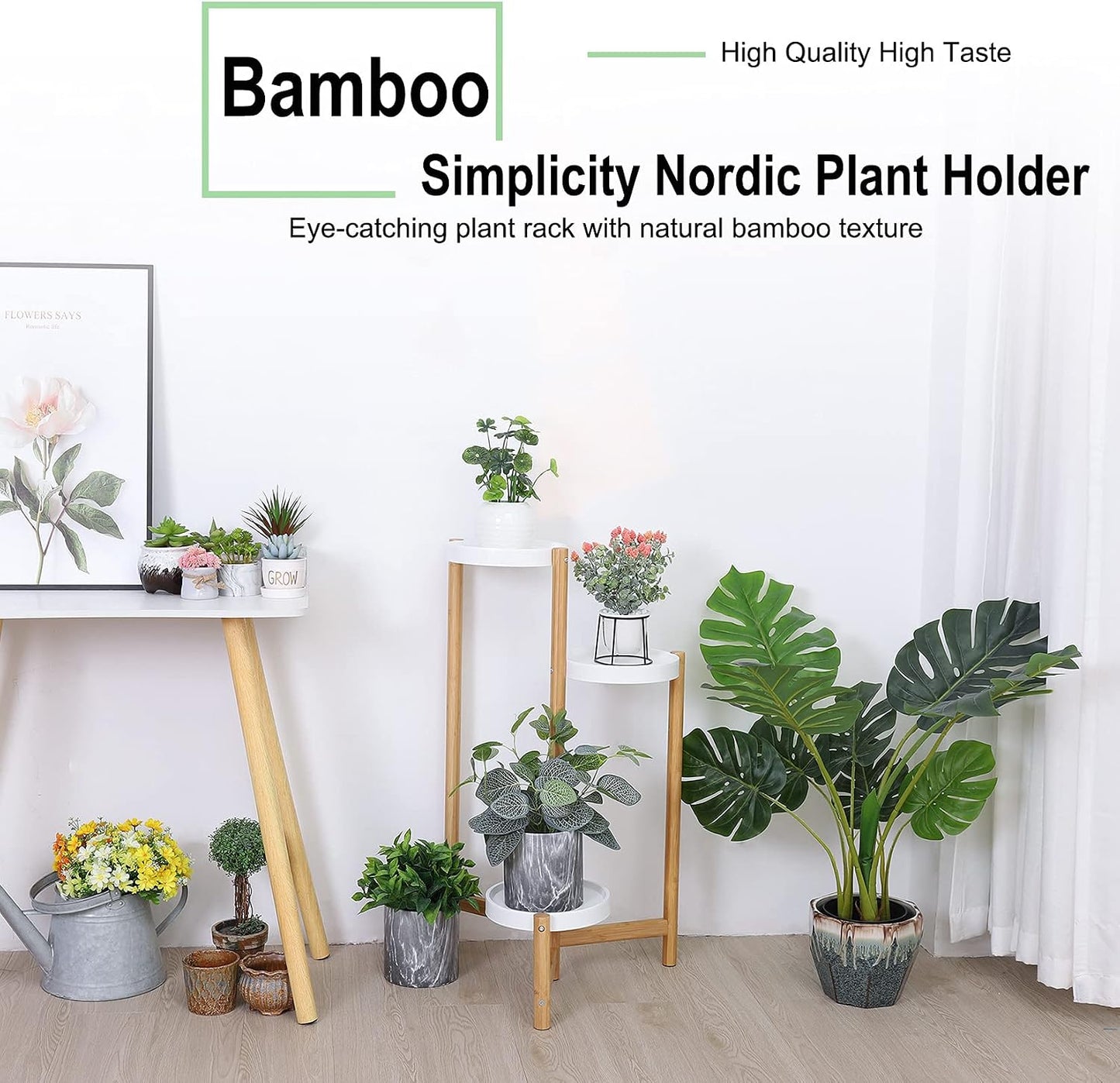 unho 3-Tier Bamboo Plant Stand: Nordic Style Potted Flower Display Shelf Holder Indoor Planter Rack with White Round