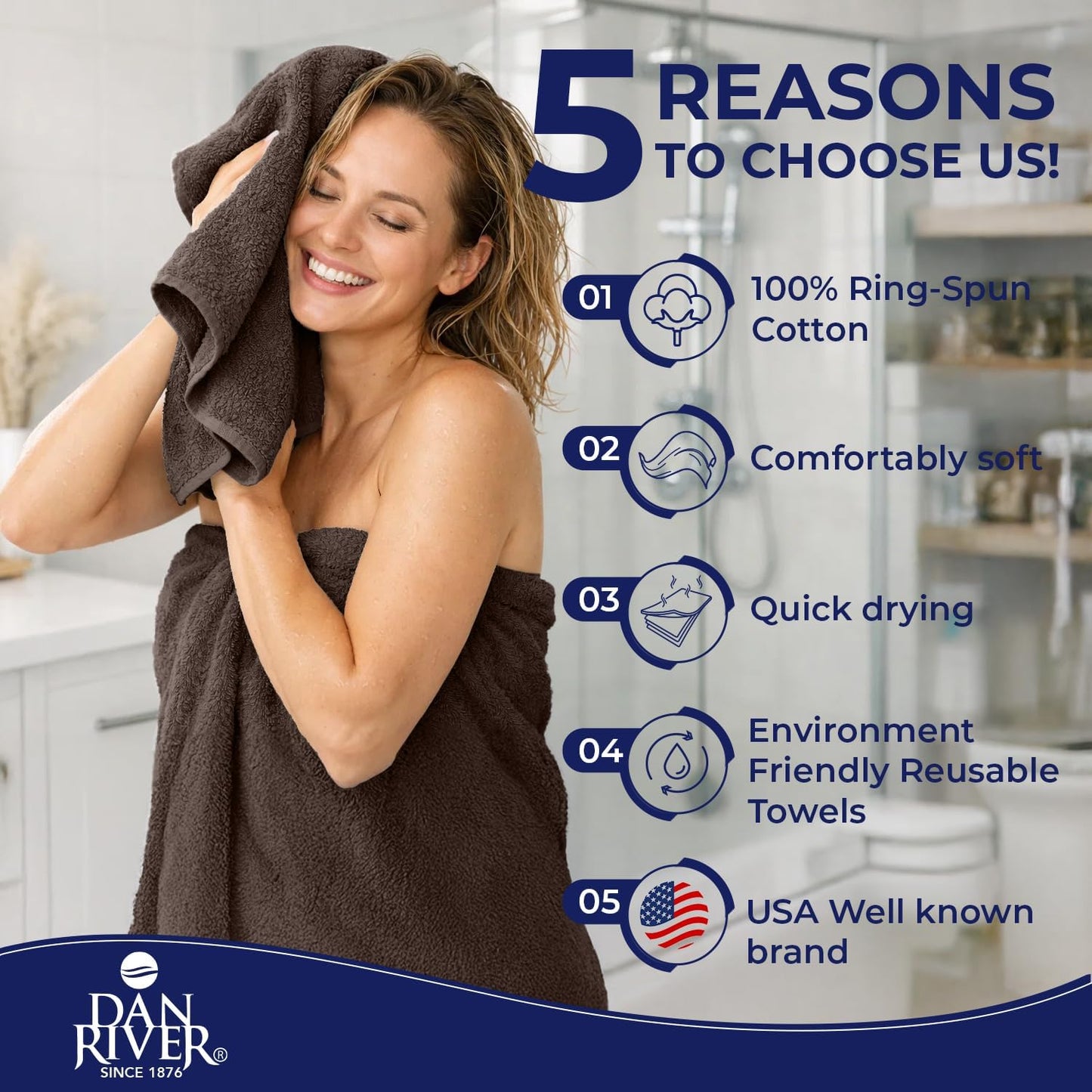 DAN RIVER 8 Piece Luxury Bath Towels for Bathroom, Towel Set, Brown | 2 Bath towels, 2 Hand towels, and 4 Wash Cloths
