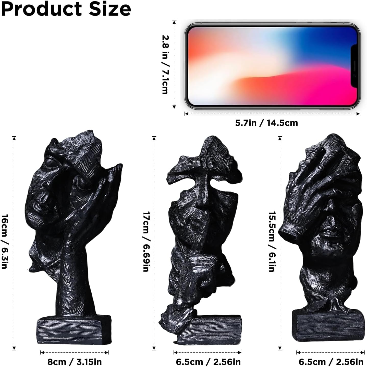 Thinker Statue / Silence is Abstract Art Figurine / Black / Set of 3