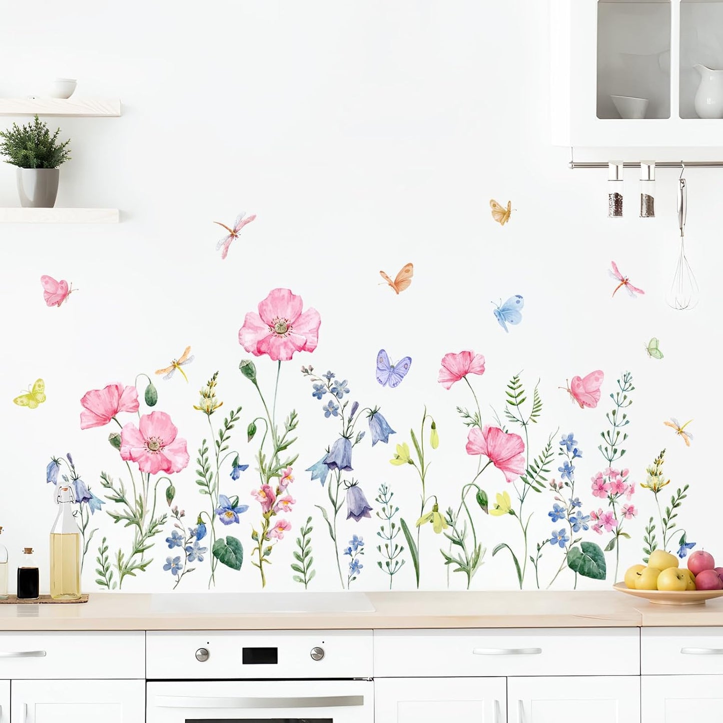 Watercolor Wildflower Wall Decals Colorful Garden Flower Grass Butterflies Wall / Pink Wildflower