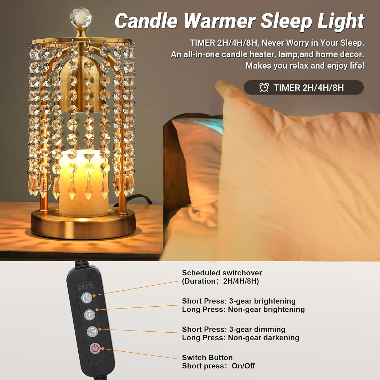 Gold Candle Warmer Lamp with Timer and Dimmer - Electric Candle Warmer,Crystal Candle Lamp for Bedroom Decor,Flameless
