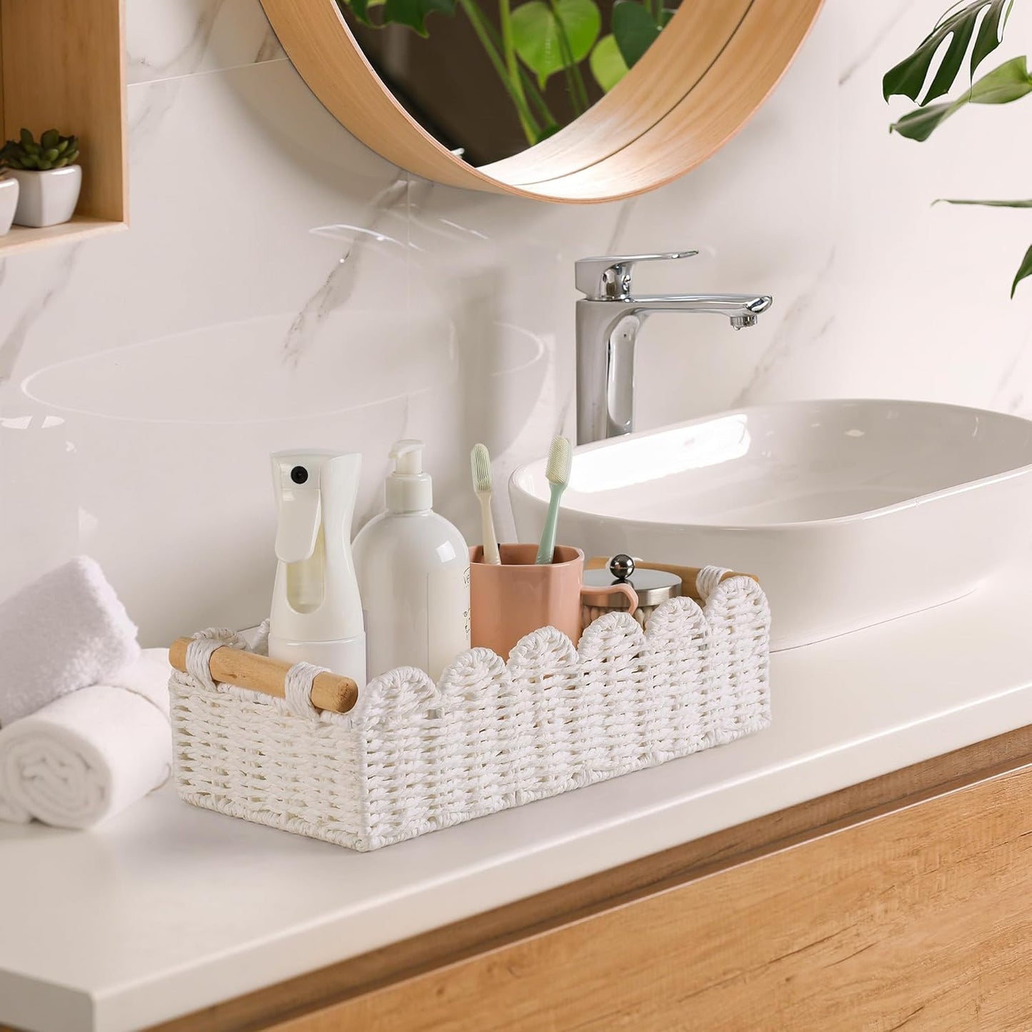 Toilet Paper Storage Basket Bathroom Counter Organizer Wicker Baskets for Organizing Basket / White