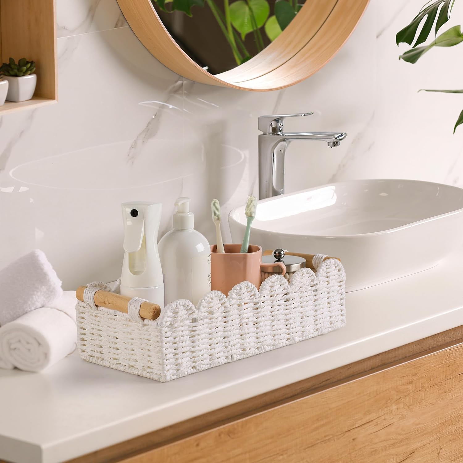 Toilet Paper Storage Basket Bathroom Counter Organizer Wicker Baskets for Organizing Basket / White