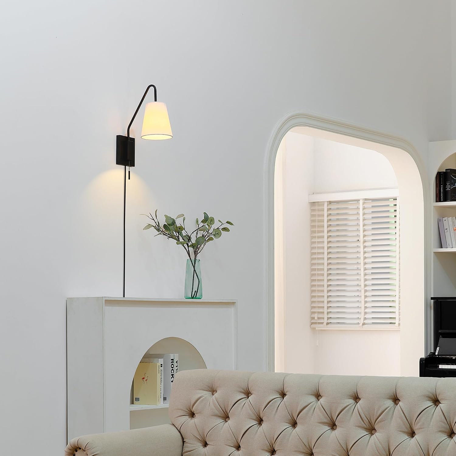 Globe Electric 1-Light Matte Black Swing Arm Plug-in or Hardwire Wall Sconce with White Fabric Shade