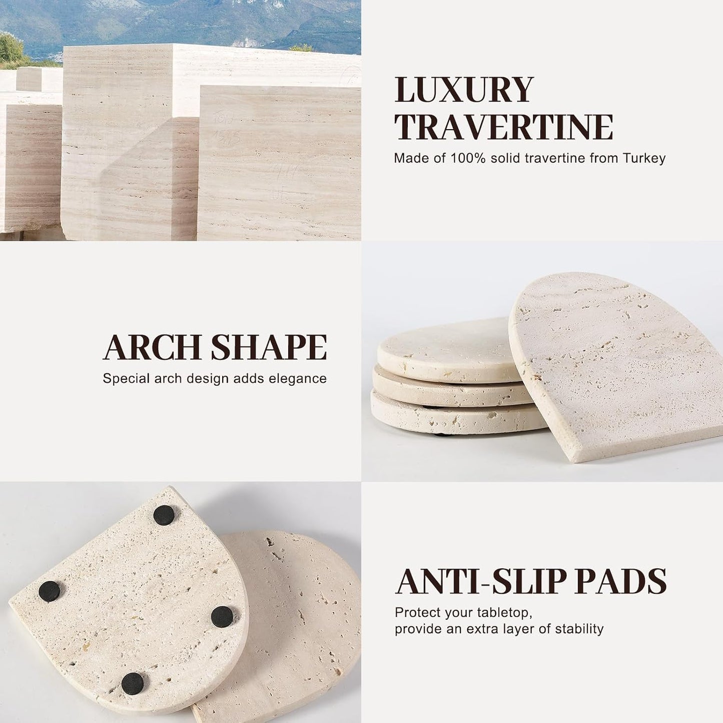 4" Stone Coasters Modern Arch Shape Heat / Travertine / Natural / Set of 4
