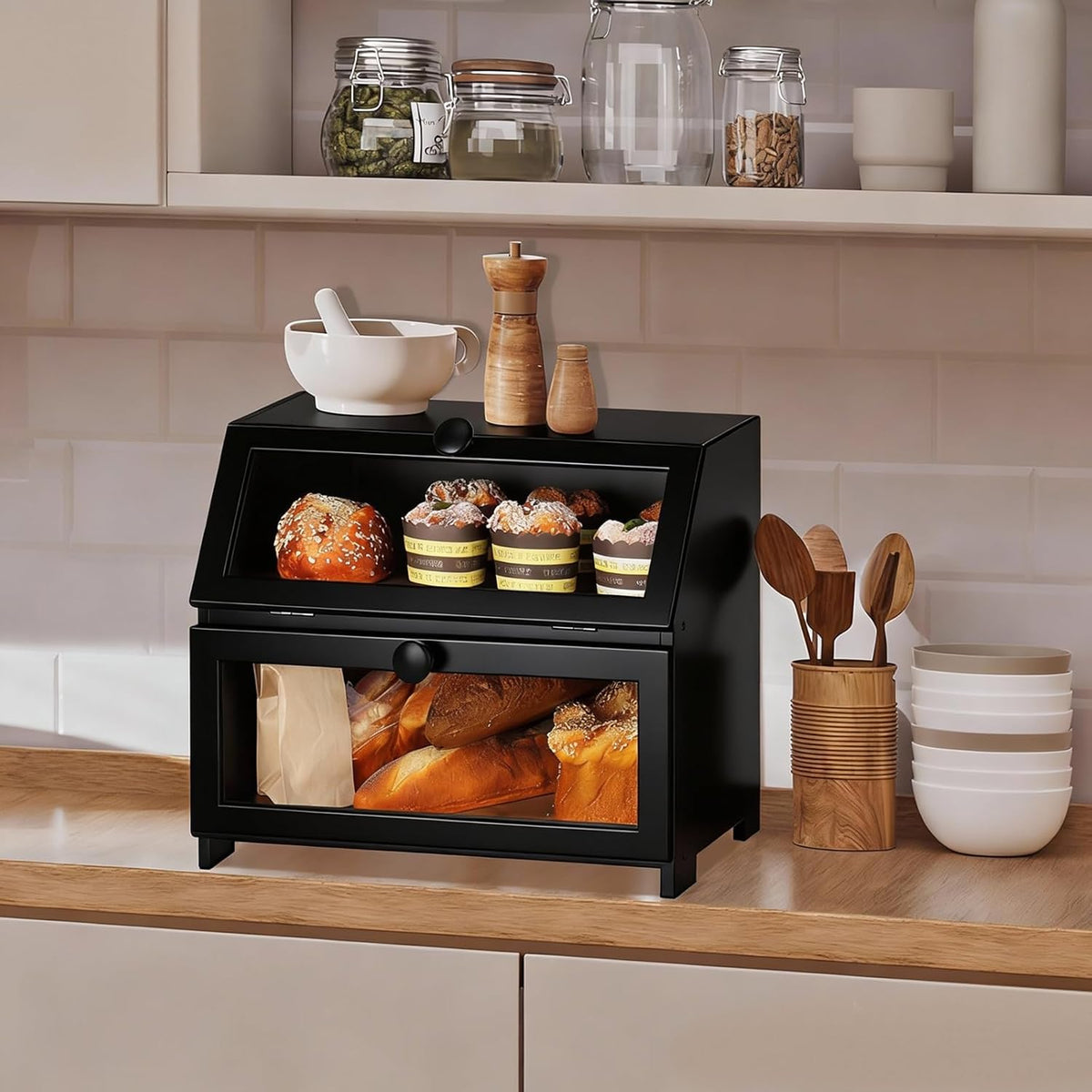 Bamboo Bread Box for Kitchen Countertop, Large Bread Storage Container Bin 2 Layer Breadbox Holder for Kitchen Counter